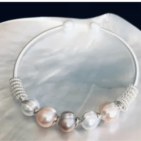 Wire Wrapped Cultured Pearl Bangle