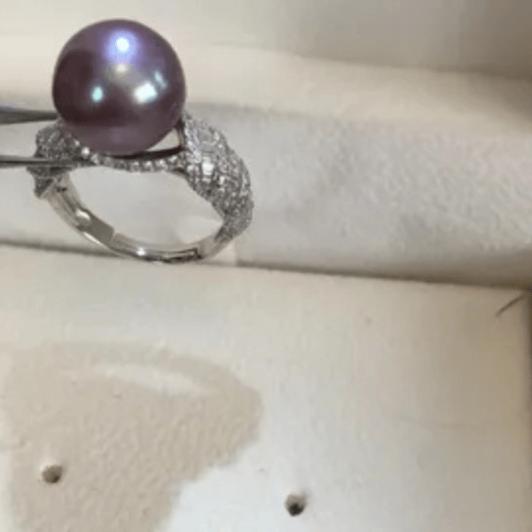 Purple Cultured Pearl Ring with CZ accents